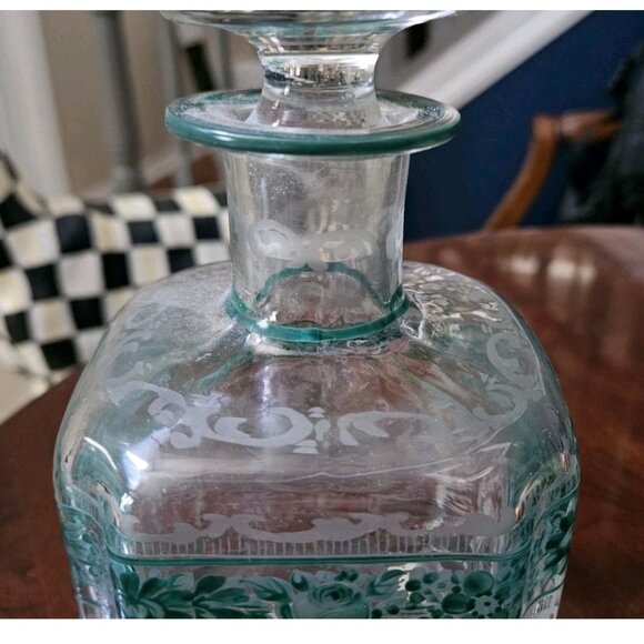 RARE ANTIQUE GREEN ACID ETCHED FLOWER BOTTLE LIQUOR WHISKEY DECANTER STOPPER JAR